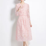 Fragrant Suit Women's Short Round Collar Bubble Sleeve Lace Blouse High Waist Swing Half Dress Women's Autumn Dress Two