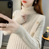 Winter Women's Turtleneck Pullover Solid Button Flocking Long Sleeve Screw Thread Sweater Knitted Casual Elegant Tops-Outfit