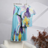 Fashion Set Women's Summer French High-Grade Folding Print Short-Sleeved Top + Loose A Word 100-Fold Long