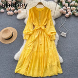 2022 Summer New Lace Embroidery Dress Women Long Sleeve Dresses Female Vintage Party Beach Maxi Long