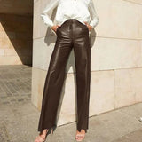Toloer Women's Fall 2024 Fashion PU Leather Medium High Waist Lift Hip Straight Leg Women's Casual Pants Women's Pants-Outfit
