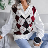Style Casual Vest Sweater Autumn Winter V-neck Loose Argyle Fashion Knit Tops Vest Women Loose Vintage Sweaters