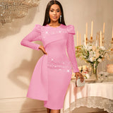 Round-Neck Nail Dress Lace Long Sleeve Packed Party Evening Dress Dress