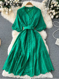 Korean Chic Elegant Pink V-neck Stitching Lace Hook Flower Waist Thin Bubble Sleeve Female Dress 2022 Summer
