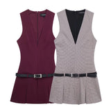 Women's Clothing 2025 Autumn And Winter New Waist Bandwidth V-Neck Sleeveless Checker Mini