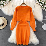 Beading Knitted Women Sets Loose Long Sleeves Sweater+ Solid Elastic Dress French Style Casual Two Piece