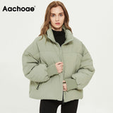 Aachoae Autumn Winter Women Fashion Thick Warm Padded Parkas Coats Female Long Sleeve Pockets Coat Chic Elegant Outerwear