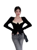 Temperament Black Collar Knitted Shirt 2025 Spring And Autumn New Open Fork Thin Short Bottom Long Sleeve
