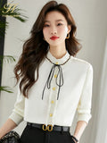 Han Queen New Arrival Spring Autumn Shirts Women's Blouses Vintage Work Casual Top Chiffon Blouse Elegant Lace-Up Loose Shirts-Outfit