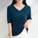 Toloer The Summer Of 2024, Women's Knit Short Sleeve Korean V-Neck Solid Color T-Shirt And A Pit Top-Outfit