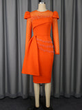 Round-Neck Nail Dress Lace Long Sleeve Packed Party Evening Dress Dress