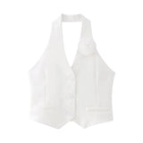 Toloer 2024 New Women's Flower Decoration Hanging Neck Solid Color Vest Wrap Hip Flower Skirt Suit-Outfit
