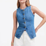 Summer New Sleeveless Slimming Denim Vest Women's Round Neck Shoulder