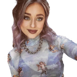 Toloer Sleeve Cupid Print T-Shirt Girl Autumn Burst Half High Collar Mesh Crop Street Top Girl-Outfit
