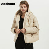 Aachoae Women Fashion Thick Warm PU Faux Leather Padded Jacket Coat Long Sleeve Hooded Parka Coat Female Elegant Outerwear