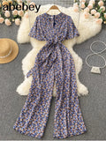 Beach Rompers Female Short Sleeve V Neck Elastic Ruched Loose Casual Bohemian Print Jumpsuits Summer