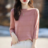 Toloer And Summer Thin Round Collar Jacquard Wool Knit T-Shirt Women's Seven Minute Sleeve Solid Color Bottom Sweater Middle Sleeve Cashmere Top-Outfit