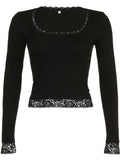long sleeve crop top with square neckline and lace