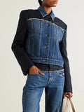 Toloer 2024 New Fashion Retro Jacket Jacket Design Sense Color Splicing Long Sleeve Short Denim Jacket Girl-Outfit