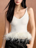 Temperament Sexy Blouse 2025 Autumn/Winter New V-Neck Splicing Knitted Feathers Slimming Sling Vest Female
