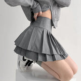 Preppy Style Double Pleated Skirt Women Korean Skort Summer Sexy Y2k High Waist Patchwork Solid Mini Skirt A-line