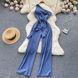 Women Satin Jumpsuit Summer Irregular V Collar Sleeveless Sexy Streetwear Strap dress Elegant Wide Leg Romper