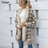 Women Winter Warm Fur Collar Long Cardigan Knitted Tassel Sweater Jacket Elegant Batwing Sleeve Capes Fashion Houndstooth