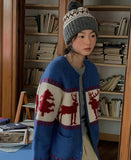 Reindeer Print Knitted Cardigan-Outfit