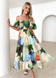 Summer New Bubble Sleeve Holiday Show Skinny Dress Babes High-Waisted Shoulder-Print Dress Dress