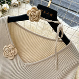 Temperament Three-Dimensional Flowers V-Neck Long-Sleeved Dress Women Slim Thin Inside Sweater Skirt Autumn And Winter