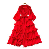 New Elegant Dress Spring Dress High-End Retro Collar Lantern Sleeves To Close Waist Lotus Leaves Side Pressure Skirt Dress
