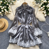 Dress Women's Neckline Bow Tie With Lantern Sleeve Lace Splicing Bright Face Chiffon Skirt Skirt