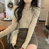Sense Of The Small V-Neck Long-Sleeved Knitted Shirt Women's Autumn And Winter New Half-Opened Collared Blouse Bottom