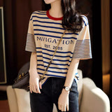 Version Of Loose Good-Looking Youth-Down Navy Blouse Woman! Letters Printed Short-Sleeved Cotton Striped