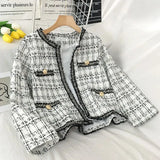 Tweed Plaid Cropped Jacket Women Spring Autumn Elegant Slim Long Sleeve Cardigan Coats Street Korean Fringe