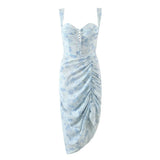 Blue Floral Mini Ruched Slit Bustier Dress-Outfit