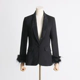 Toloer New Temperament Top Collar With Diamond Design Sense Cuff Stitching Ostrich Hair Long Sleeve Suit Spring Style-Outfit