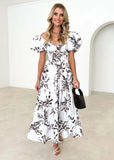 Spring Summer New Temperament Printing Bubble Sleeve High-End Dress