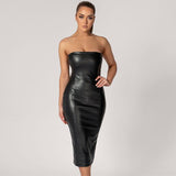 Toloer Color PU Leather Fashion Temperament Slim After The Chest Burst Sexy Long Dress-Outfit