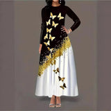 Women's Autumn And Winter Butterfly Print Long-Sleeved Dress Pocket Temperament Round Tie Sling A Word Long