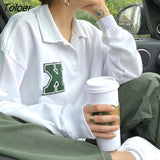 Green Letter Print POLO Collar White Sweatshirt Women Oversized Casual Plus Size Fashion Tops Sweet Girl Punk