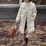 Korean Large Pocket Long Down Jacket Female 2024 Winter Fashion Thick Hooded Over The Knee Sweet White Duck Down Coat-Outfit