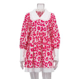 Toloer Spring New Dress Fashion Long Sleeve High Waist Print A-Line Skirt Doll Collar Fluffy Skirt-Outfit