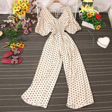 Jumpsuit Women Casual Elegant Polka Dot Puff Sleeve High Waist Chiffon Wide Leg Playsuit Female Rompers