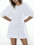 Fresh And Simple Wind 2025 Spring New Japanese And Korean Leisure Solid Color Collar Five-Point Lantern Sleeve Jumpsuit