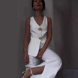 Women's Temperament Elegant Solid Color V-Neck Sleeveless Vest High-Rise Broad Leg Trousers