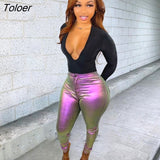 New Design Gradient Color Pencil Pants Skinny Bodycon Hight Waist PU Leather Trousers Pocket Button Pants Women