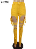 Big Hole Hollow Bodycon Jeans Women High Waist Side Tassel Patchwork Flare Pant Streetwear Bell Bottom Denim