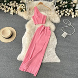 Pink Summer Women Solid 2 Piece One Shoulder Crop Top Tanks Slit Midi Skirt Set Bodycon Sexy Party Elegant