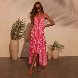 New Spring Summer Shoulder V-Neck Women's Slings Print Fairy Long Temperament Dress Dress Dress